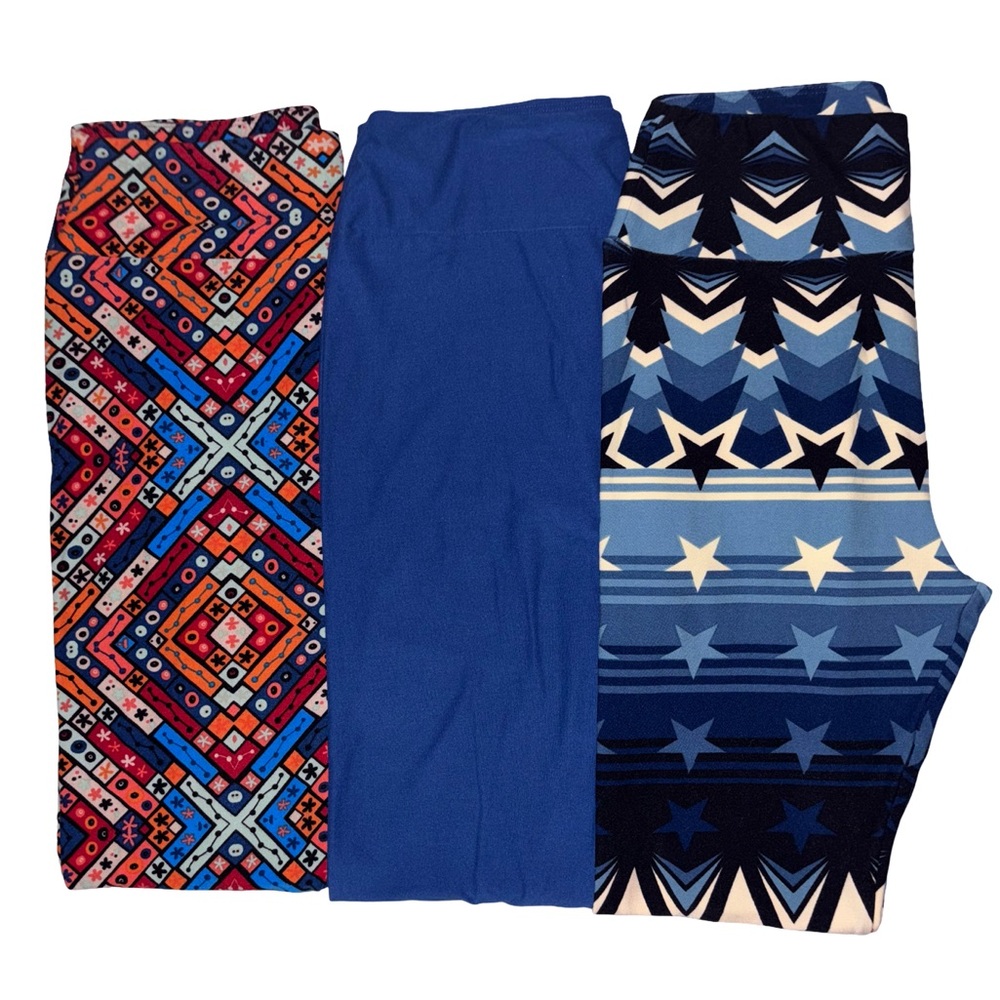 Lot of 3 LuLaRoe Leggings Size OS Navy Blue Solid Stars Red Orange Geometric